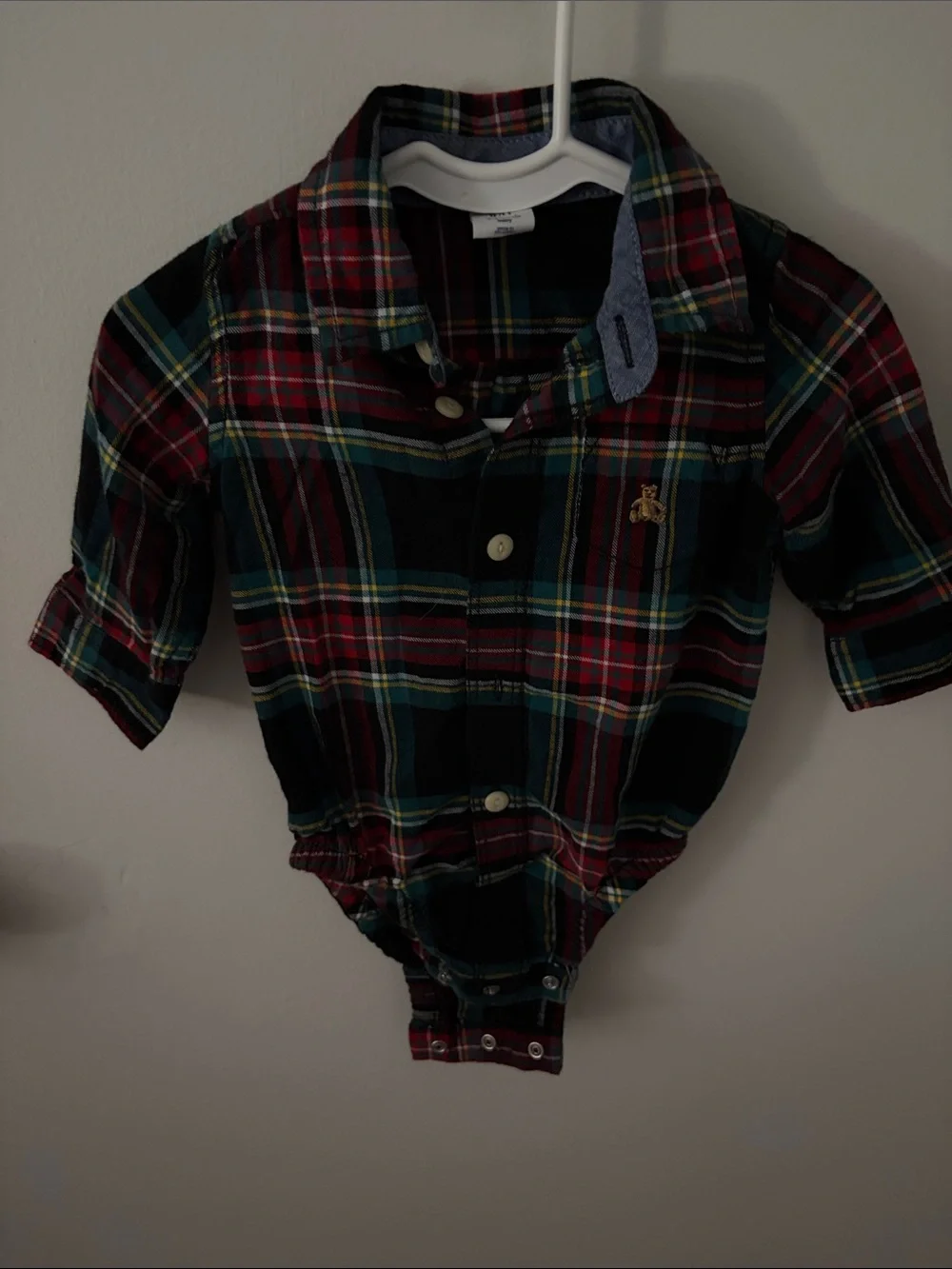 GAP Plaid Button-Up Onesie in Red, Green and Blue